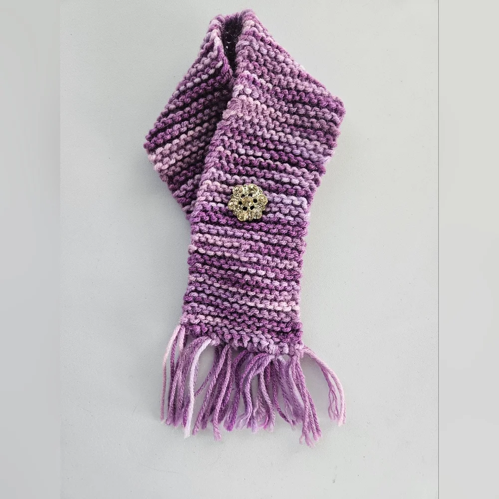 NWOT Hand Knit Purple Dog Scarf With Rhinestone Brooch
